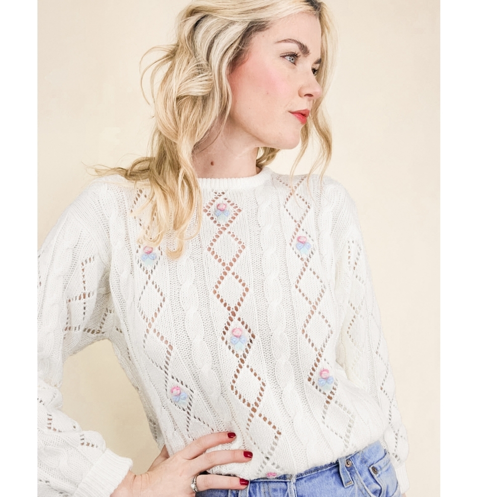 80s Ivory Floral Embroidered Pointelle VTG Sweater - Picture 13 of 16